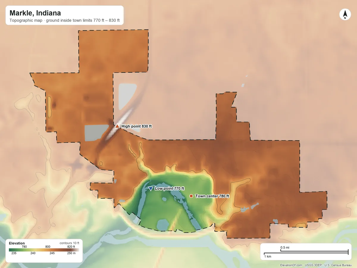 Topographic elevation map of Markle, Indiana, shaded from 770 ft on the west side to 830 ft on the northwest side