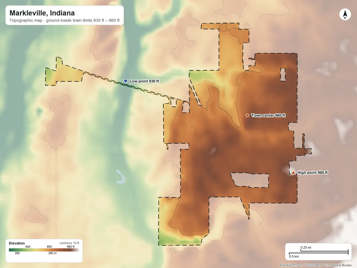 Topographic elevation map of Markleville, Indiana, shaded from 930 ft on the west side to 960 ft on the southeast side