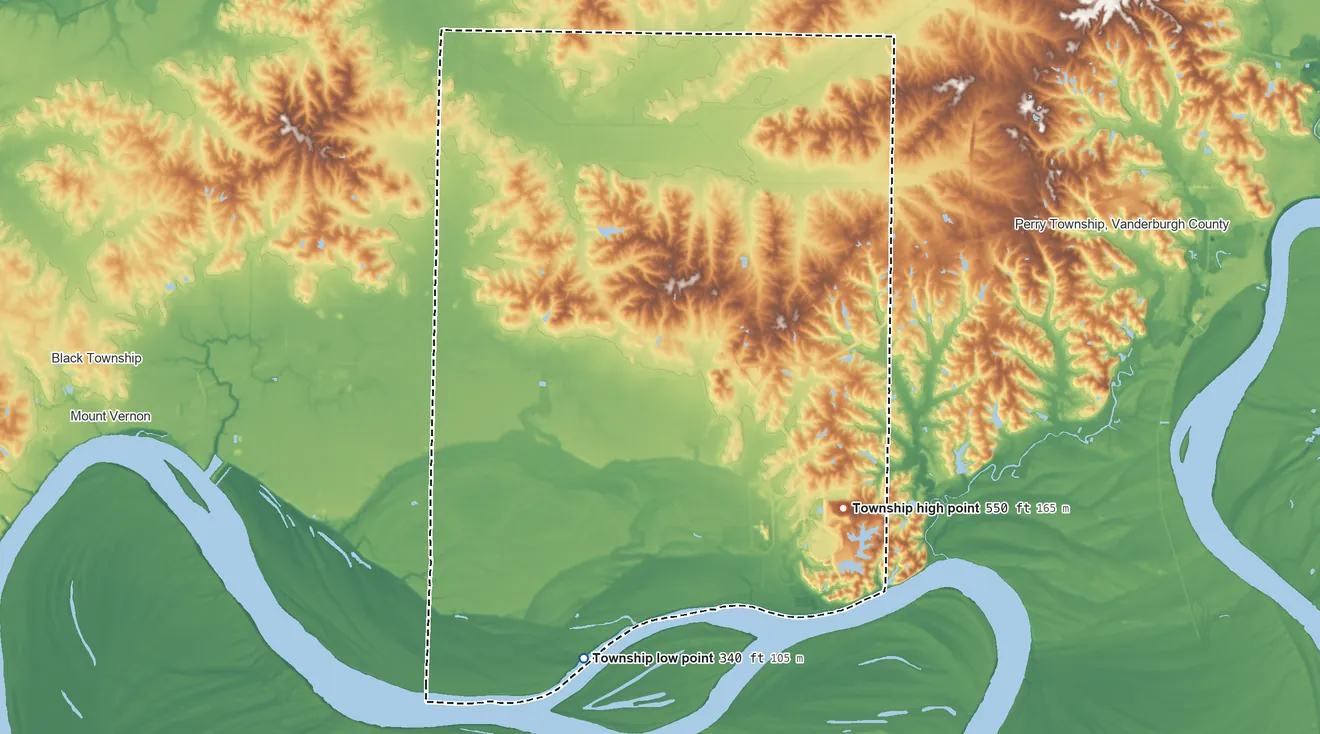 Topographic elevation map of Marrs Township, Indiana, shaded from 340 ft on the southwest side to 550 ft on the southeast side