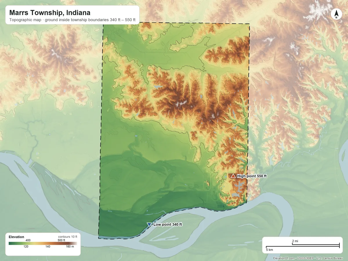 Topographic elevation map of Marrs Township, Indiana, shaded from 340 ft on the southwest side to 550 ft on the southeast side