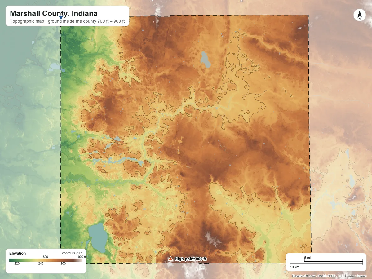 Topographic elevation map of Marshall County, Indiana, shaded from 700 ft on the northwest side to 900 ft on the south side
