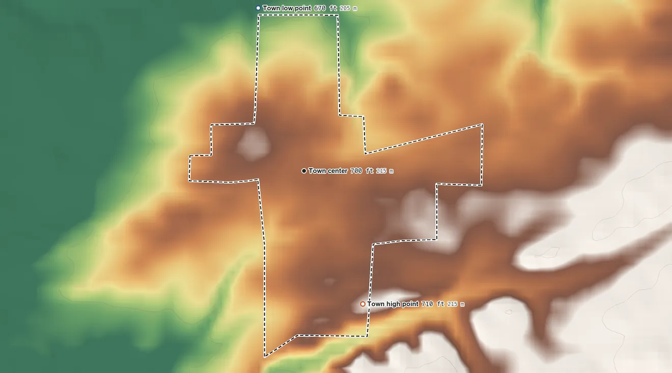 Topographic elevation map of Marshall, Indiana, shaded from 670 ft on the north side to 710 ft on the southeast side