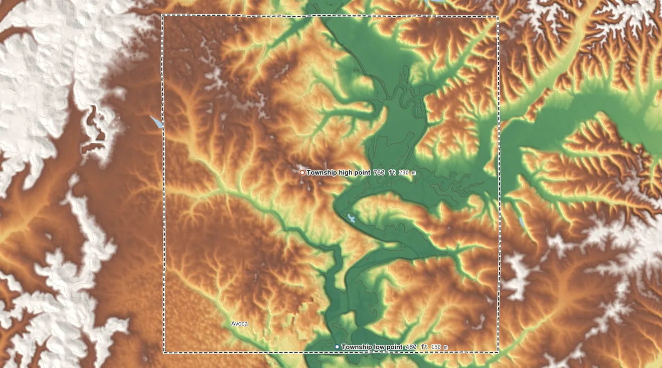Topographic elevation map of Marshall Township, Indiana, shaded from 480 ft on the south side to 760 ft near the middle
