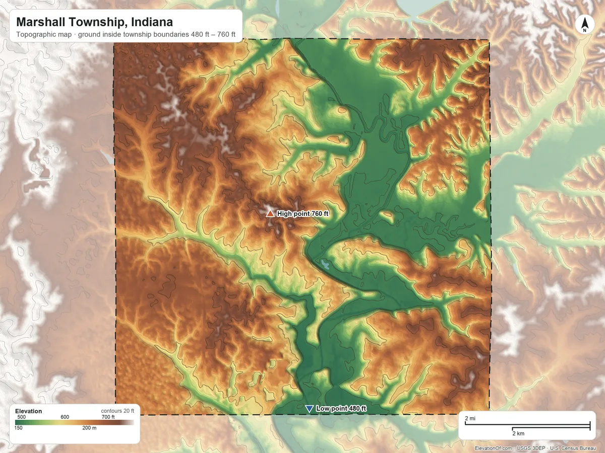 Topographic elevation map of Marshall Township, Indiana, shaded from 480 ft on the south side to 760 ft near the middle