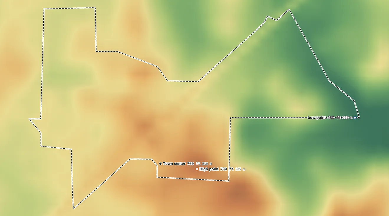 Topographic elevation map of Marshfield, Indiana, shaded from 680 ft on the east side to 700 ft near the middle