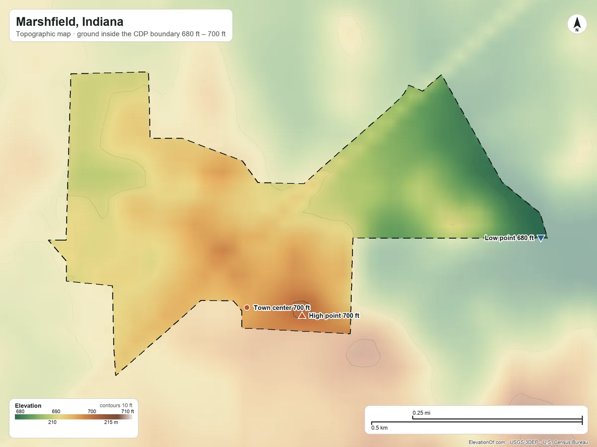 Topographic elevation map of Marshfield, Indiana, shaded from 680 ft on the east side to 700 ft near the middle