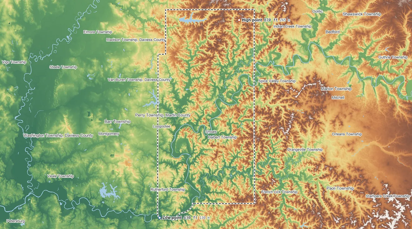 Topographic elevation map of Martin County, Indiana, shaded from 430 ft on the southwest side to 870 ft on the north side