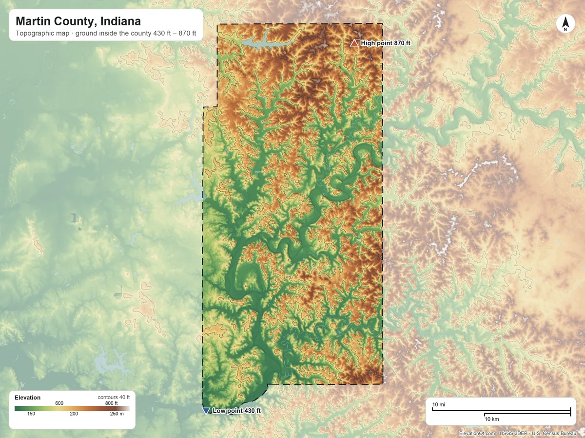 Topographic elevation map of Martin County, Indiana, shaded from 430 ft on the southwest side to 870 ft on the north side