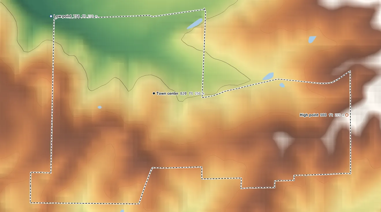 Topographic elevation map of Martinsburg, Indiana, shaded from 750 ft on the northwest side to 900 ft on the east side
