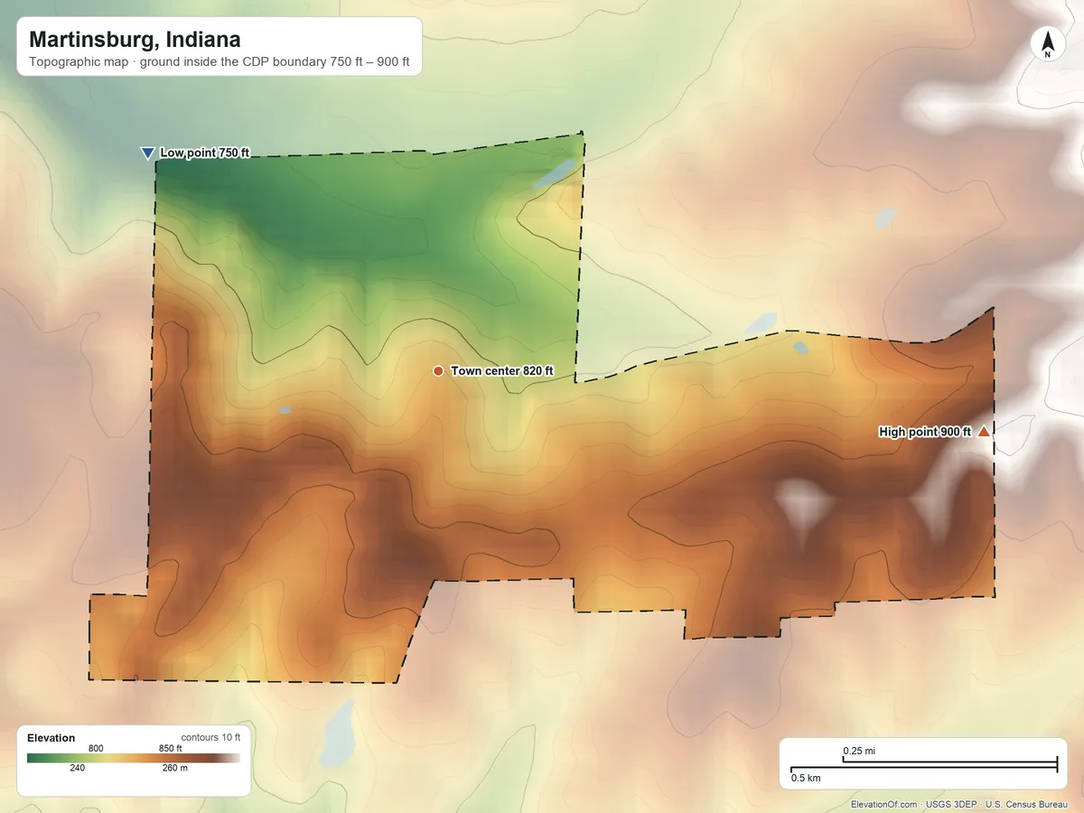 Topographic elevation map of Martinsburg, Indiana, shaded from 750 ft on the northwest side to 900 ft on the east side