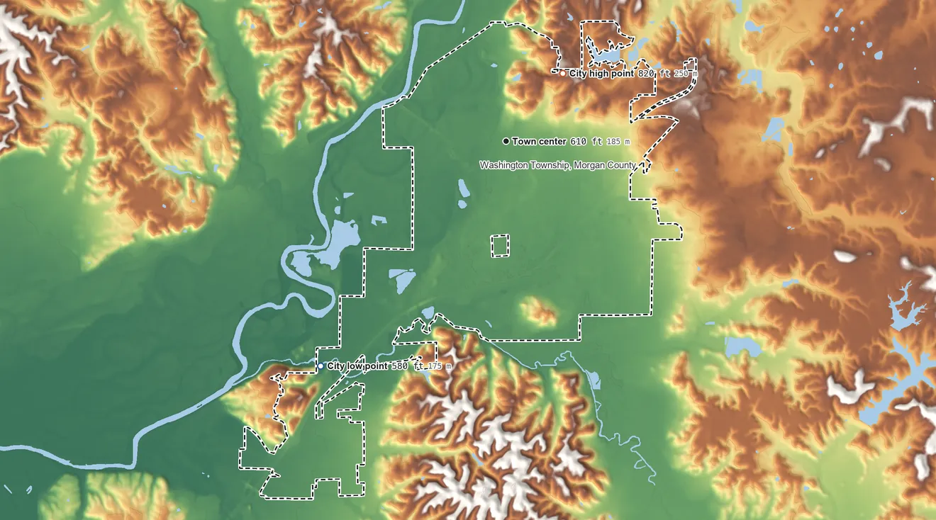Topographic elevation map of Martinsville, Indiana, shaded from 580 ft on the southwest side to 820 ft on Lincoln Hill
