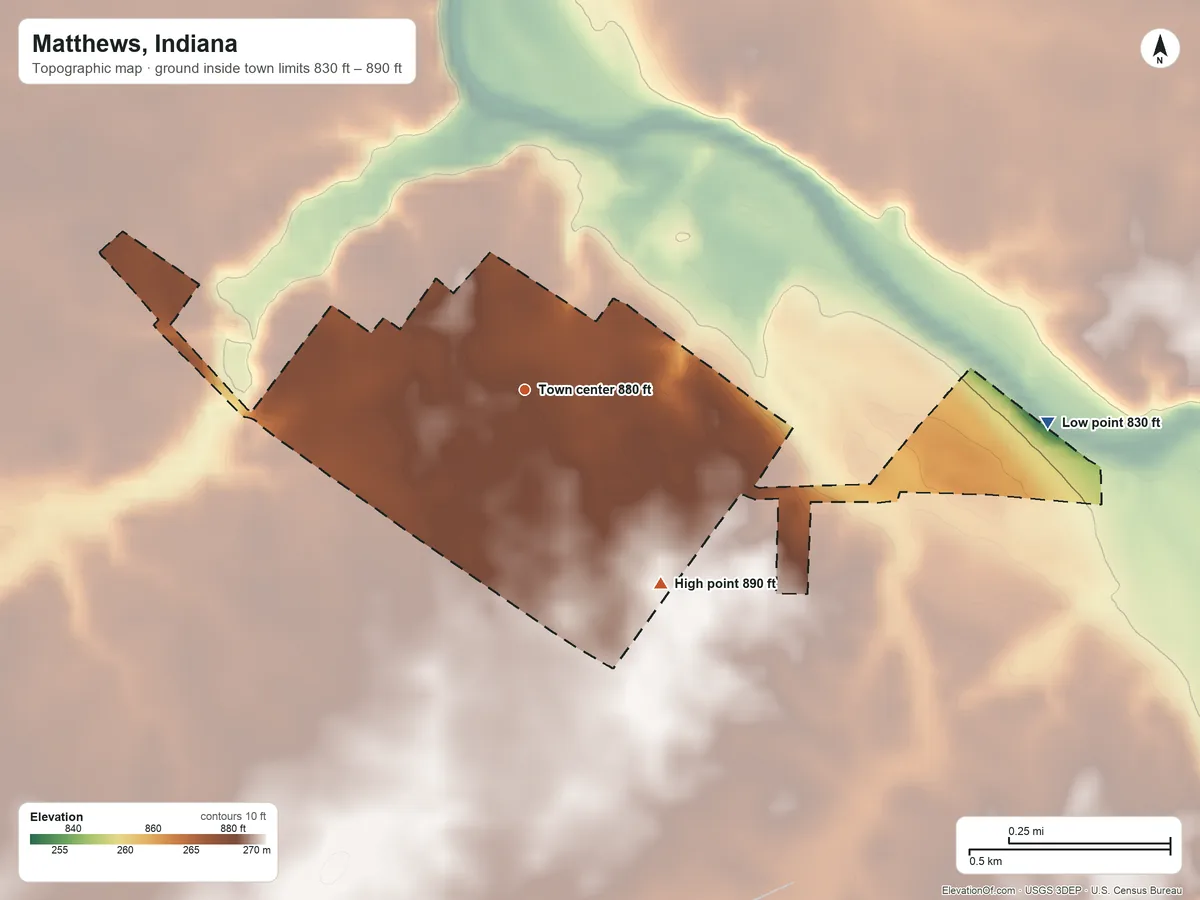 Topographic elevation map of Matthews, Indiana, shaded from 830 ft on the east side to 890 ft on the southeast side