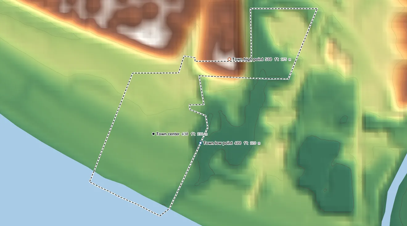 Topographic elevation map of Mauckport, Indiana, shaded from 400 ft on the east side to 580 ft on the northeast side