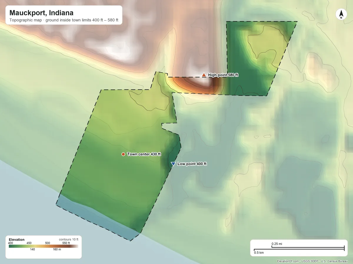 Topographic elevation map of Mauckport, Indiana, shaded from 400 ft on the east side to 580 ft on the northeast side