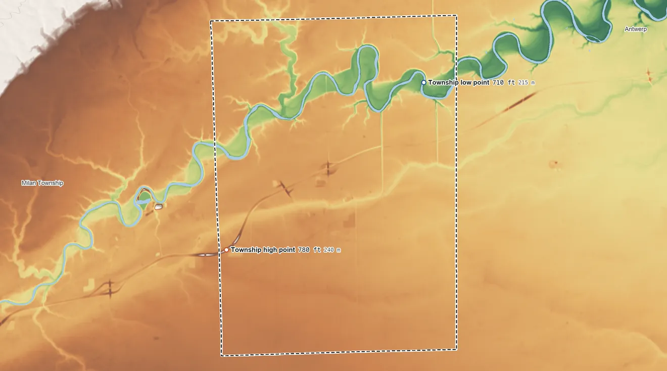 Topographic elevation map of Maumee Township, Indiana, shaded from 710 ft on the northeast side to 780 ft on the southwest side