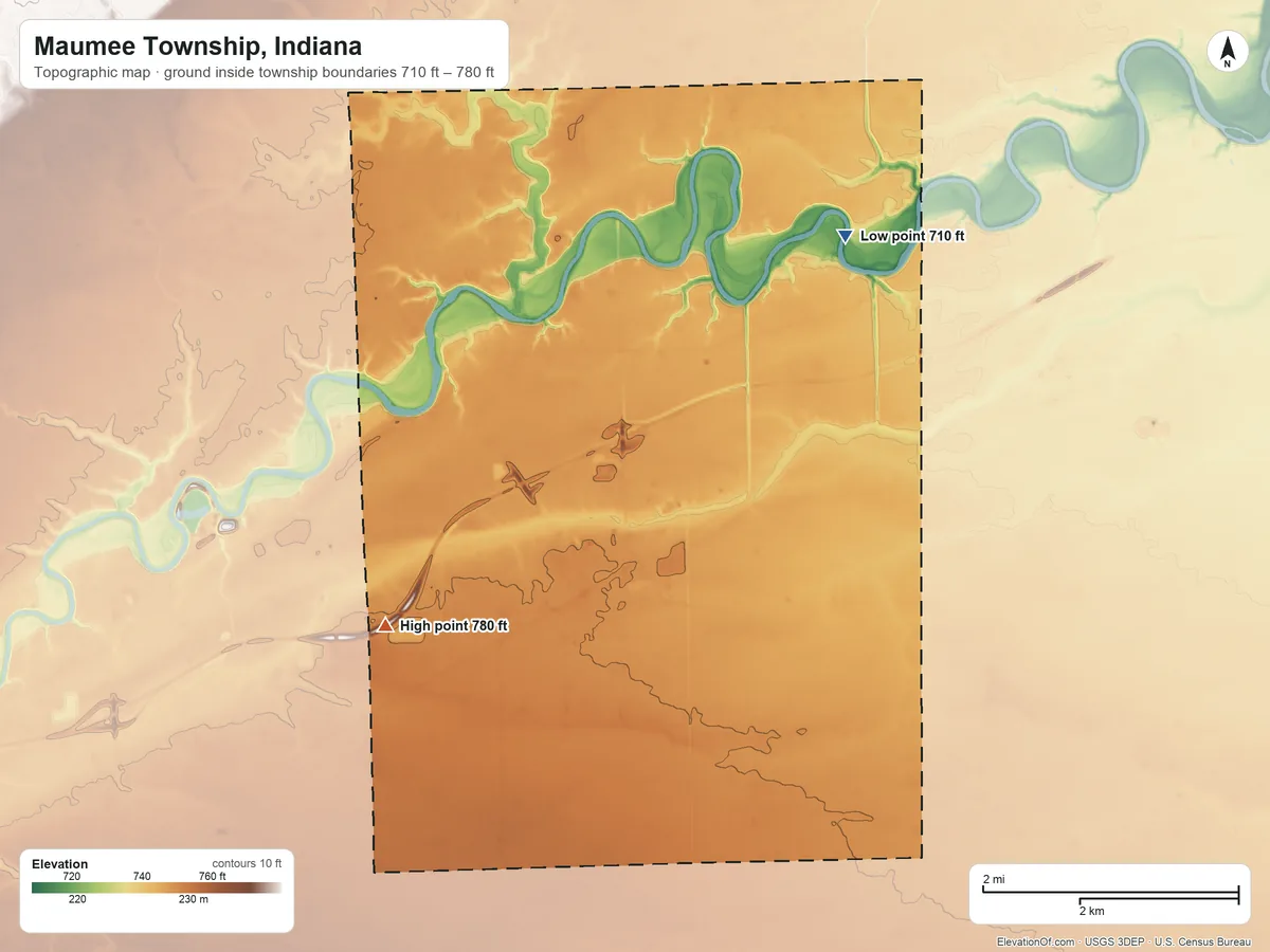 Topographic elevation map of Maumee Township, Indiana, shaded from 710 ft on the northeast side to 780 ft on the southwest side