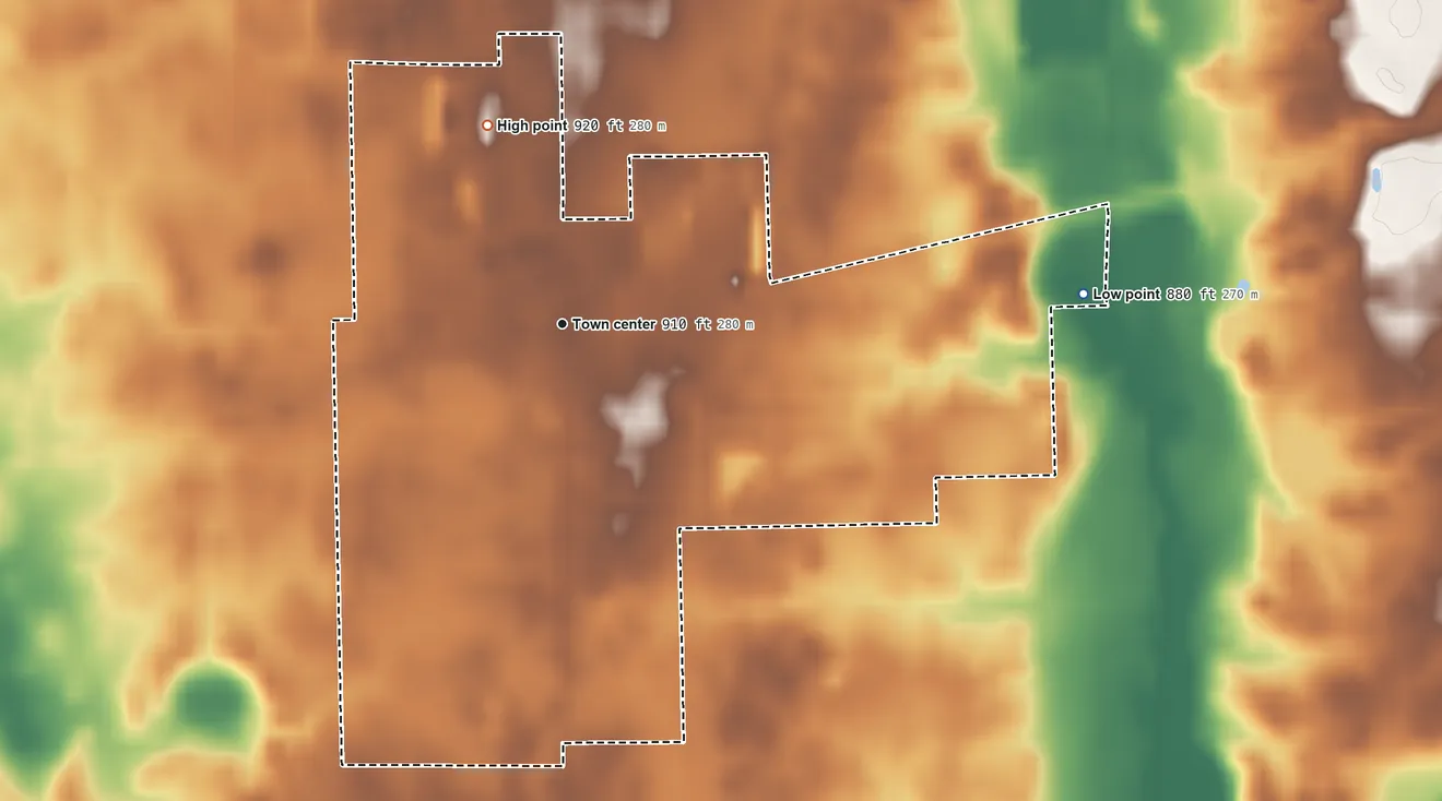 Topographic elevation map of Maxwell, Indiana, shaded from 880 ft on the east side to 920 ft on the north side