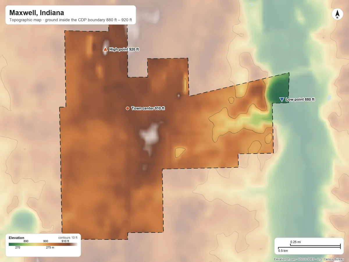 Topographic elevation map of Maxwell, Indiana, shaded from 880 ft on the east side to 920 ft on the north side