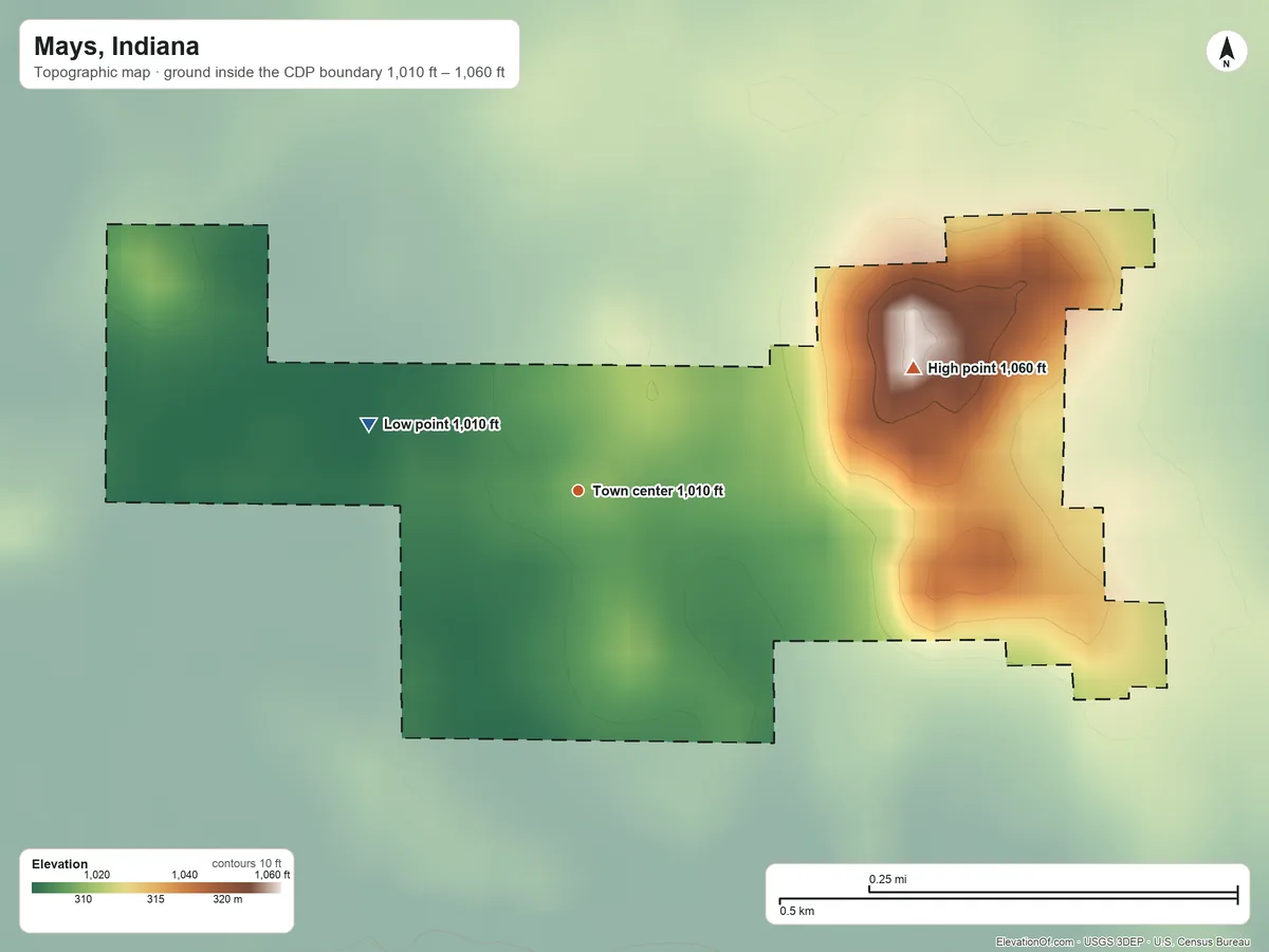 Topographic elevation map of Mays, Indiana, shaded from 1,010 ft on the west side to 1,060 ft on the east side