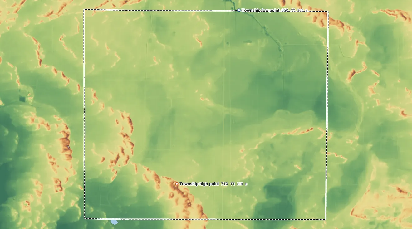 Topographic elevation map of McClellan Township, Indiana, shaded from 650 ft on the north side to 710 ft on the west side