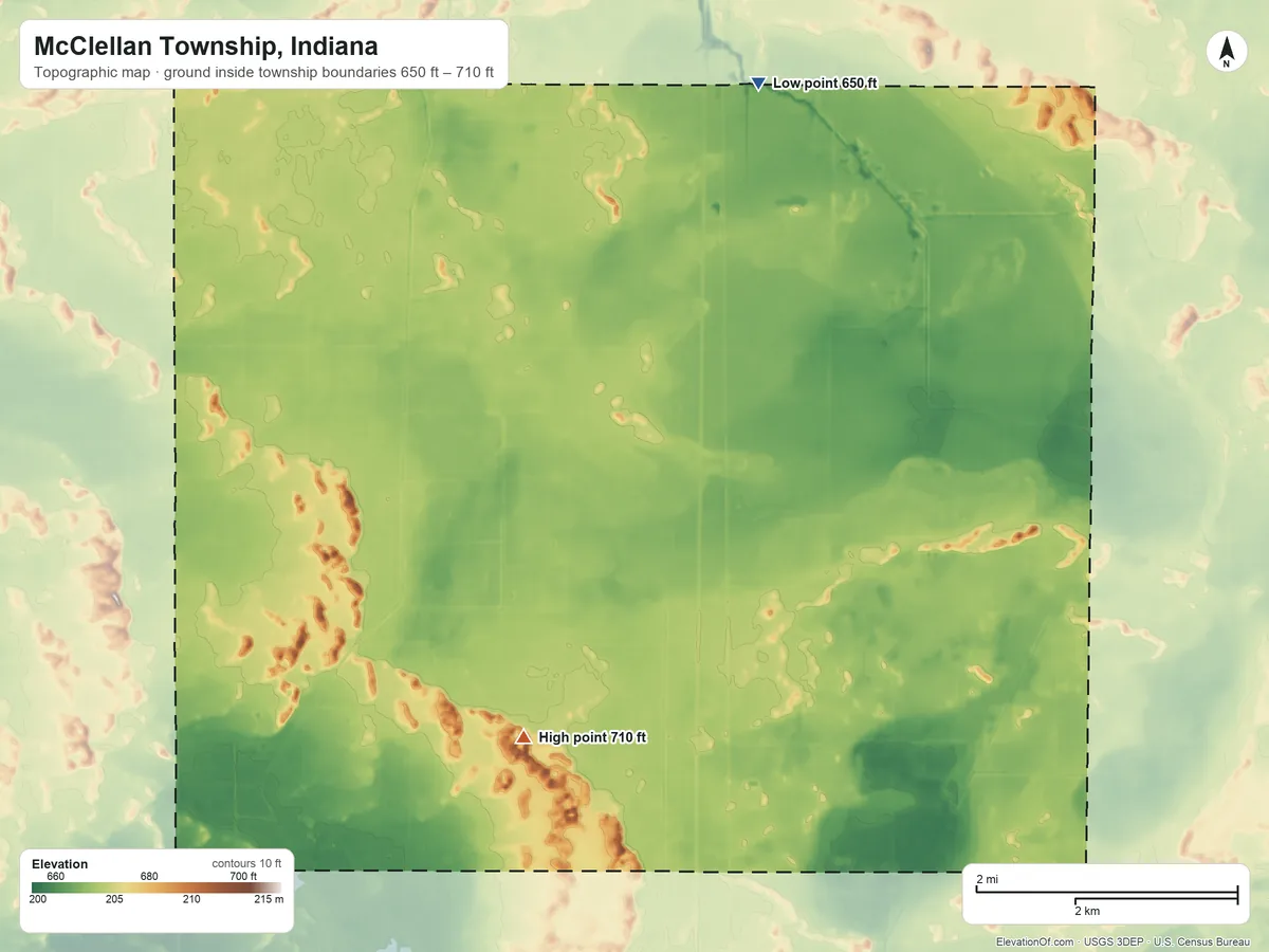 Topographic elevation map of McClellan Township, Indiana, shaded from 650 ft on the north side to 710 ft on the west side