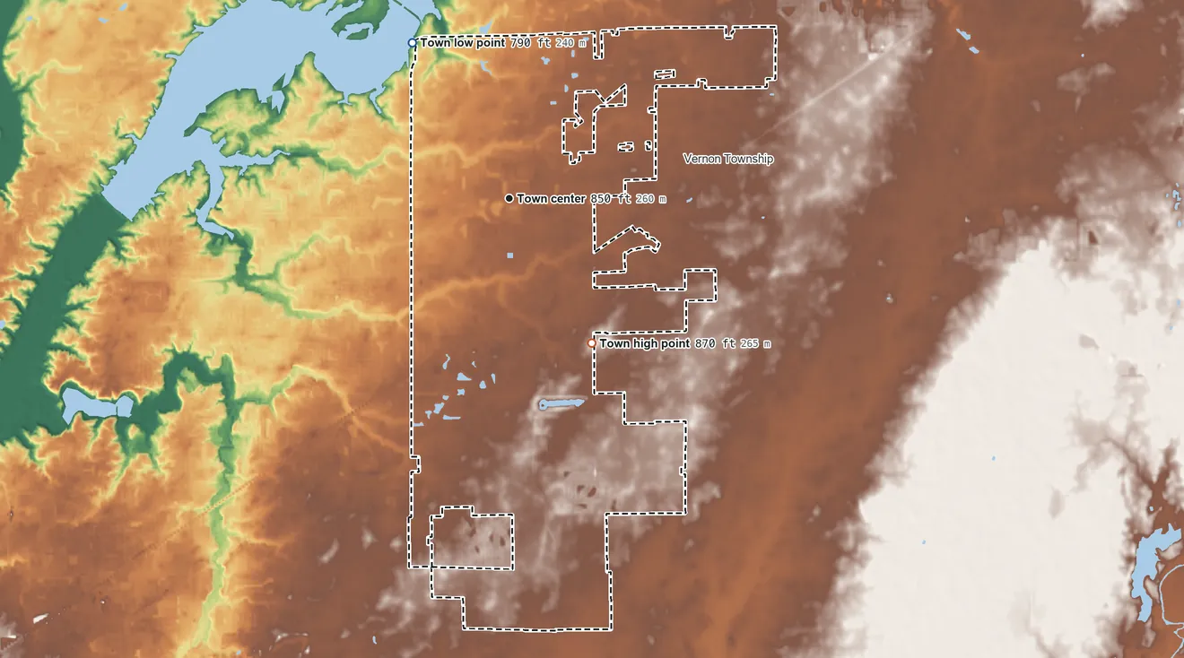 Topographic elevation map of McCordsville, Indiana, shaded from 790 ft on the northwest side to 870 ft on the southeast side