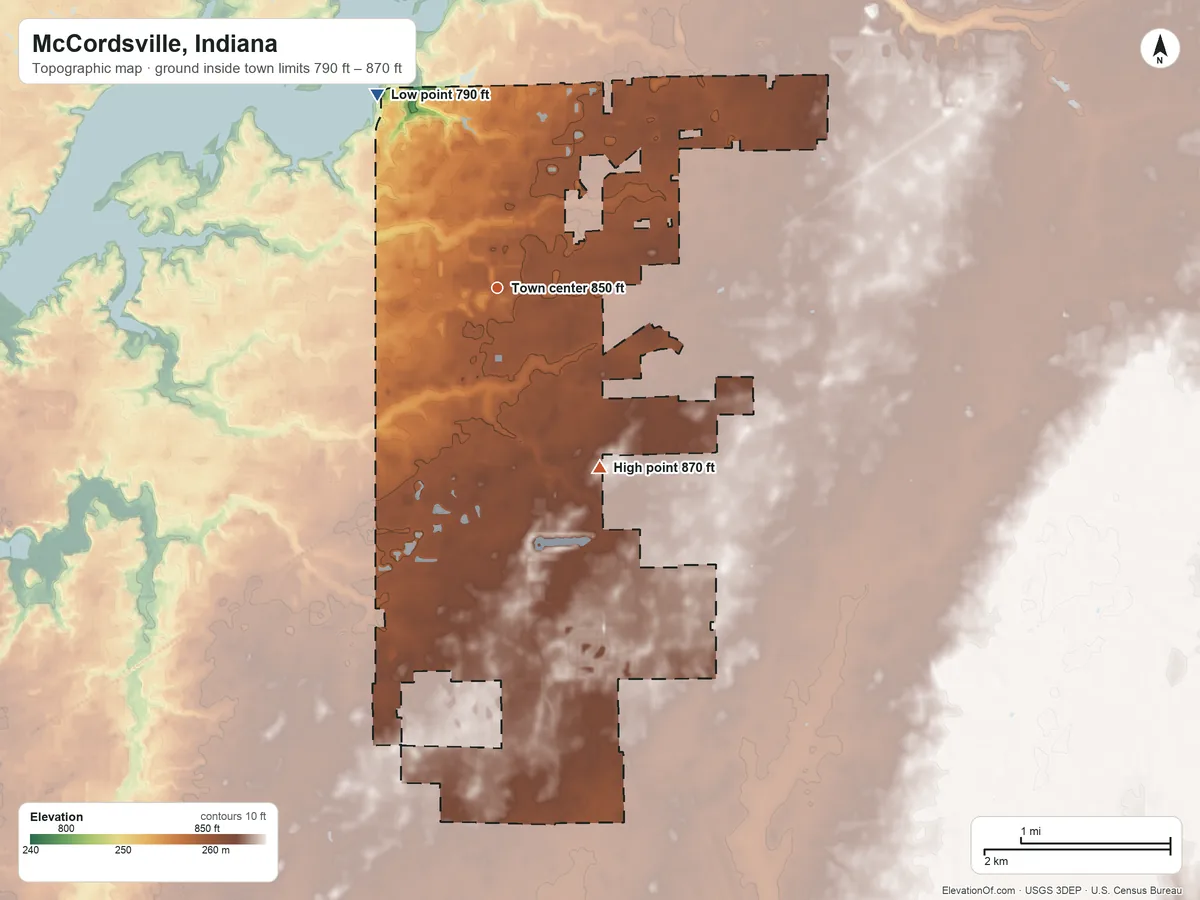 Topographic elevation map of McCordsville, Indiana, shaded from 790 ft on the northwest side to 870 ft on the southeast side