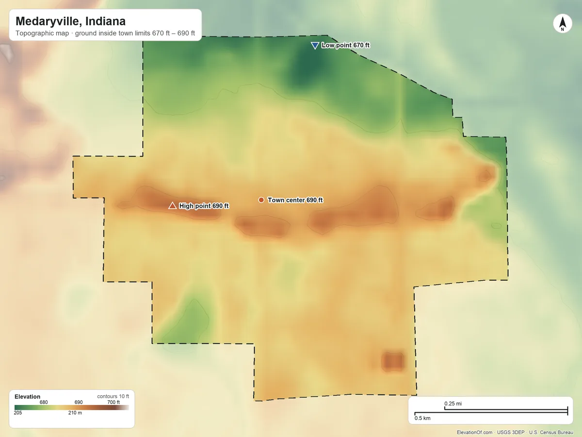 Topographic elevation map of Medaryville, Indiana, shaded from 670 ft on the north side to 690 ft on the west side