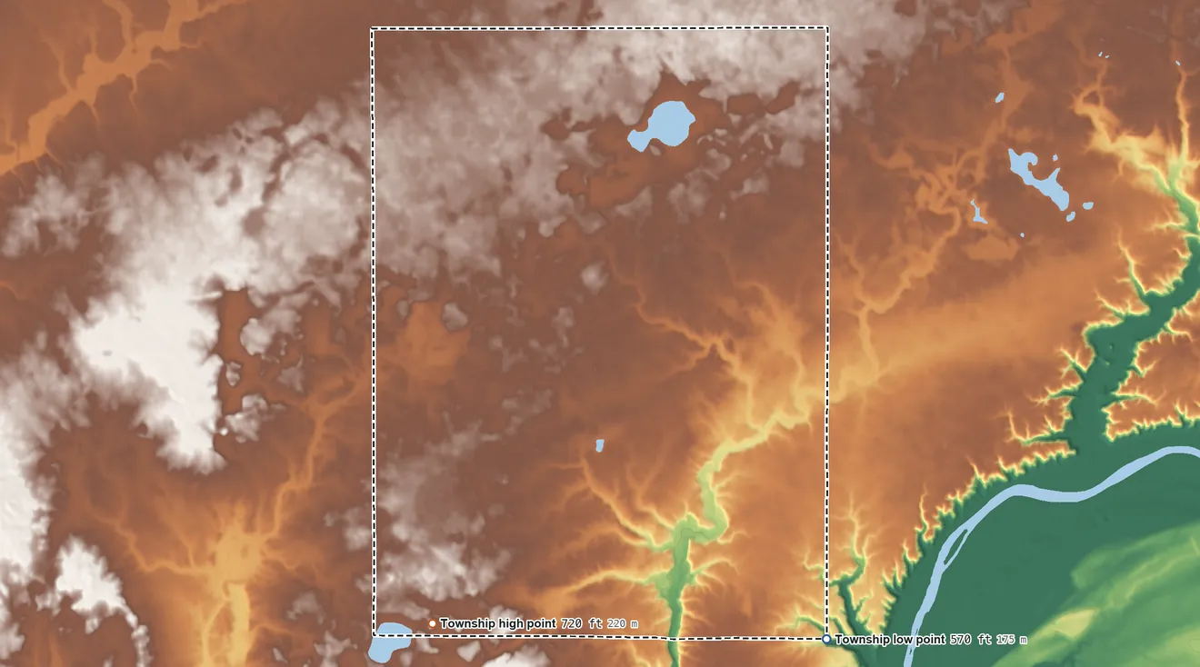 Topographic elevation map of Medina Township, Indiana, shaded from 570 ft on the southeast side to 720 ft on the southwest side