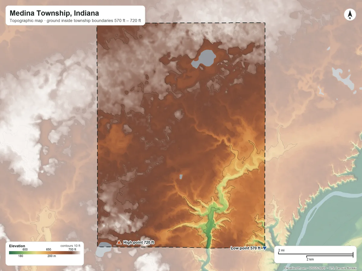 Topographic elevation map of Medina Township, Indiana, shaded from 570 ft on the southeast side to 720 ft on the southwest side