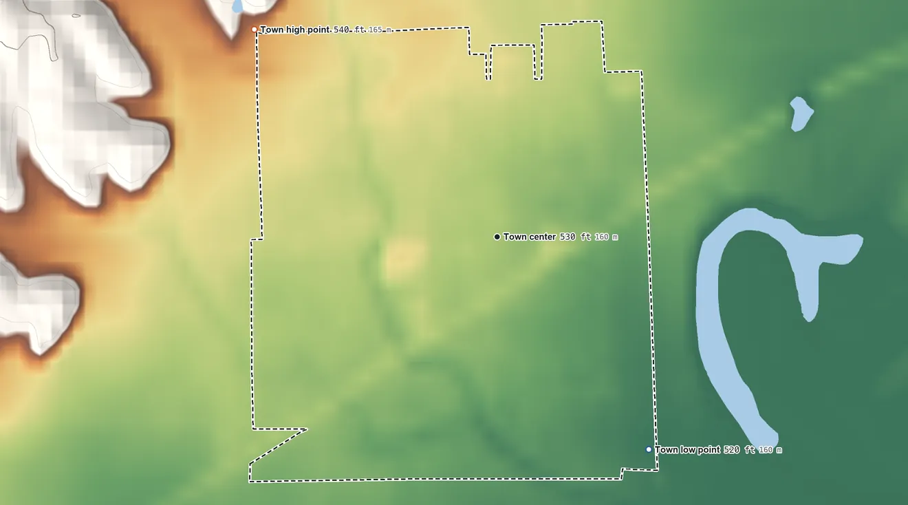 Topographic elevation map of Medora, Indiana, shaded from 520 ft on the southeast side to 540 ft on the northwest side