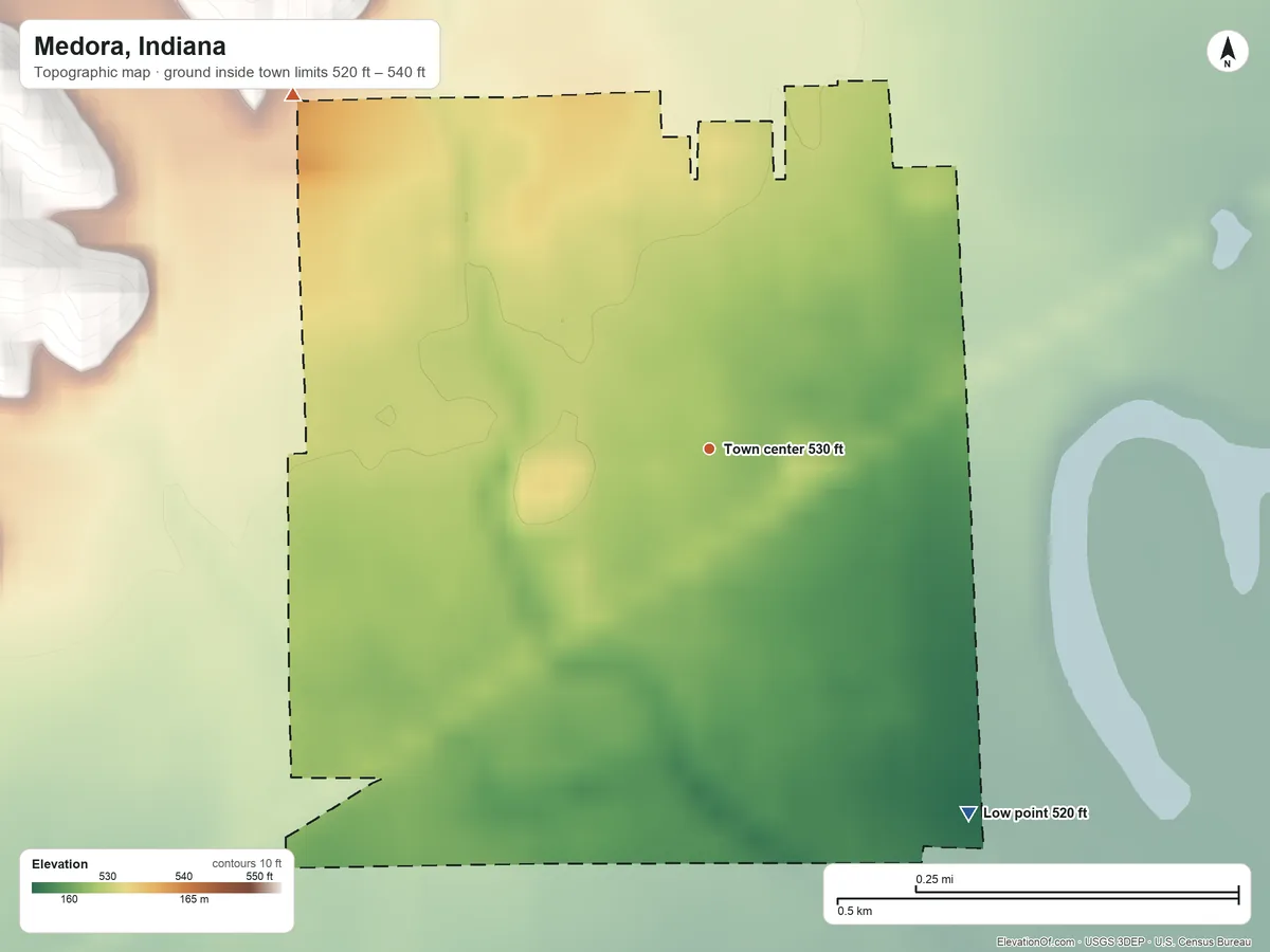 Topographic elevation map of Medora, Indiana, shaded from 520 ft on the southeast side to 540 ft on the northwest side