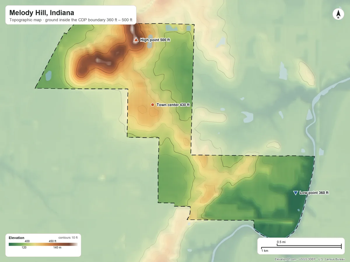 Topographic elevation map of Melody Hill, Indiana, shaded from 360 ft on the southeast side to 500 ft on the north side