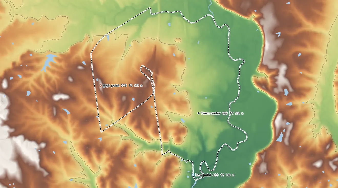Topographic elevation map of Memphis, Indiana, shaded from 460 ft on the south side to 570 ft on the west side