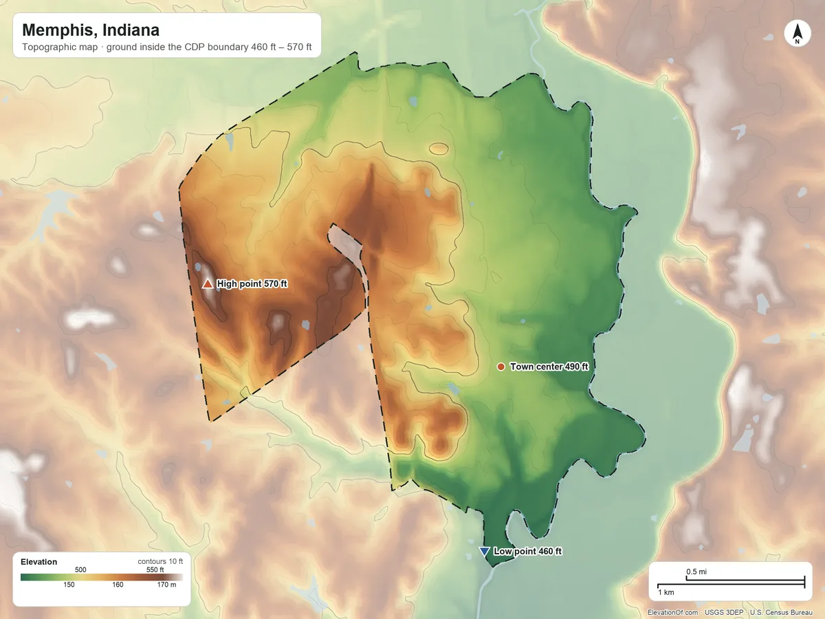 Topographic elevation map of Memphis, Indiana, shaded from 460 ft on the south side to 570 ft on the west side