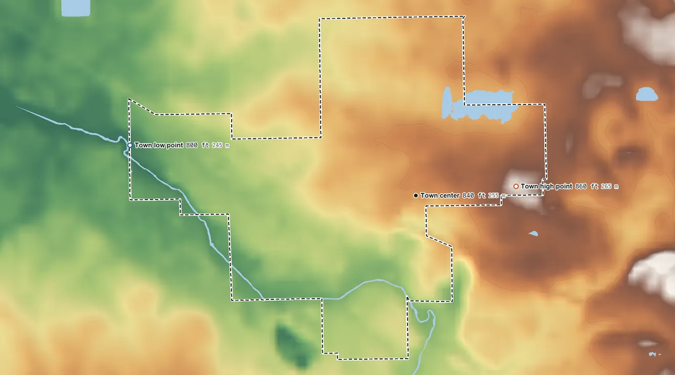 Topographic elevation map of Mentone, Indiana, shaded from 800 ft on the west side to 860 ft on the east side