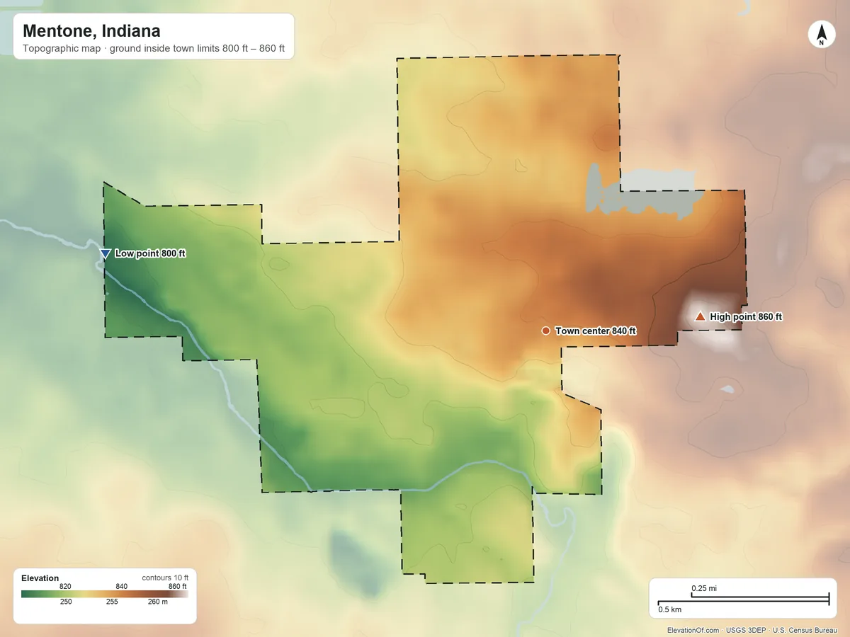 Topographic elevation map of Mentone, Indiana, shaded from 800 ft on the west side to 860 ft on the east side