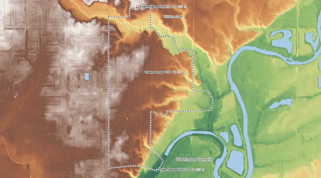 Topographic elevation map of Meridian Hills, Indiana, shaded from 700 ft on the south side to 810 ft on the north side