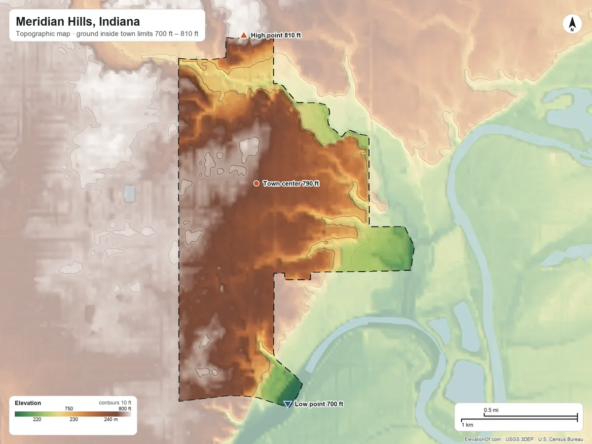 Topographic elevation map of Meridian Hills, Indiana, shaded from 700 ft on the south side to 810 ft on the north side