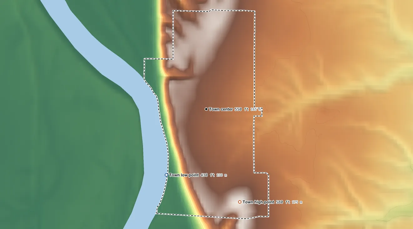 Topographic elevation map of Merom, Indiana, shaded from 430 ft on the southwest side to 580 ft on the south side