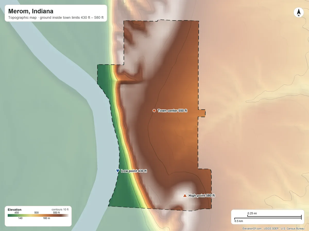 Topographic elevation map of Merom, Indiana, shaded from 430 ft on the southwest side to 580 ft on the south side