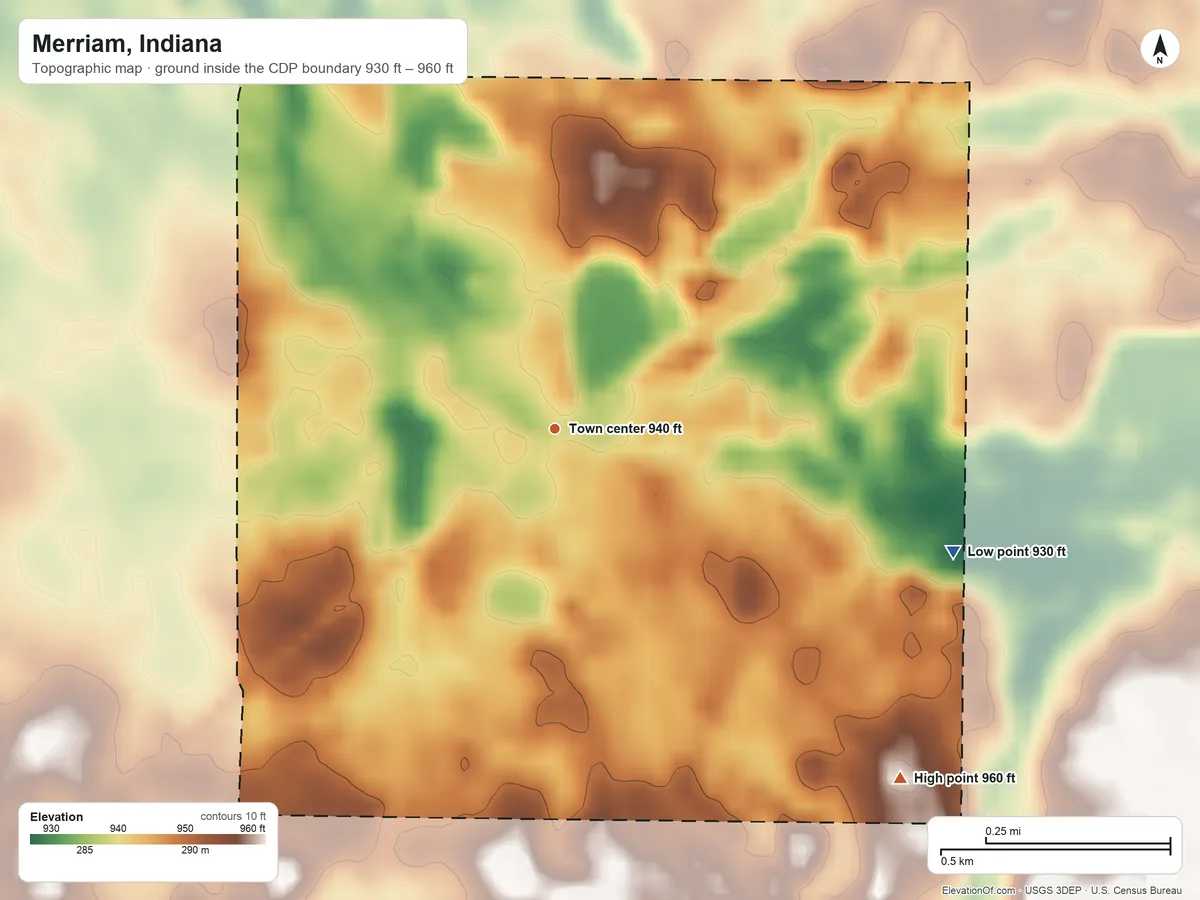 Topographic elevation map of Merriam, Indiana, shaded from 930 ft on the east side to 960 ft on the southeast side