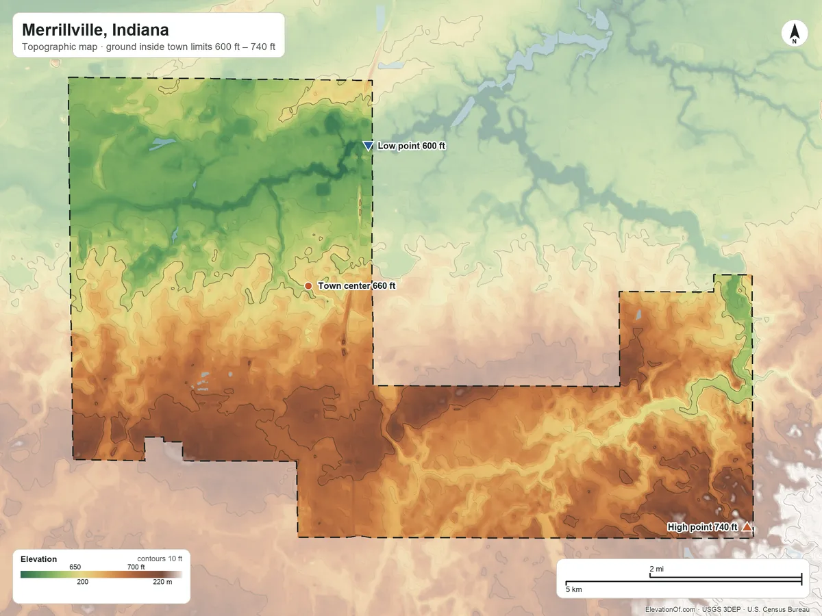 Topographic elevation map of Merrillville, Indiana, shaded from 600 ft on the northeast side to 740 ft on the southeast side