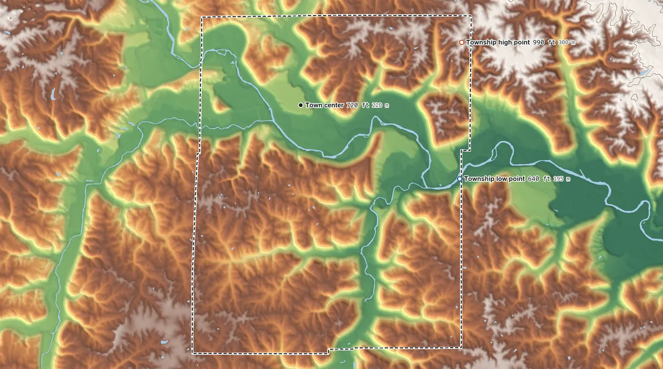 Topographic elevation map of Metamora Township, Indiana, shaded from 640 ft on the southeast side to 990 ft on the east side