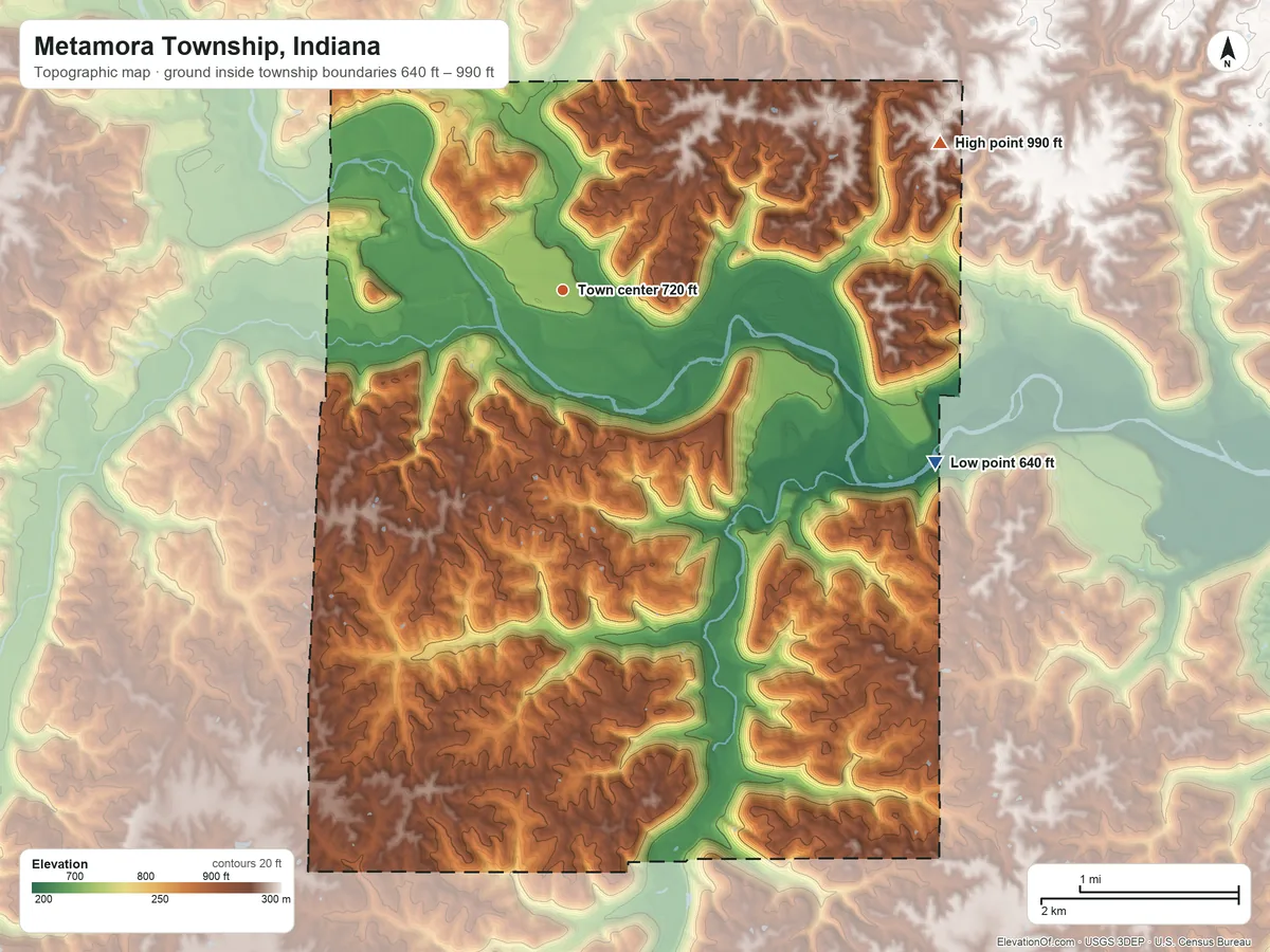 Topographic elevation map of Metamora Township, Indiana, shaded from 640 ft on the southeast side to 990 ft on the east side