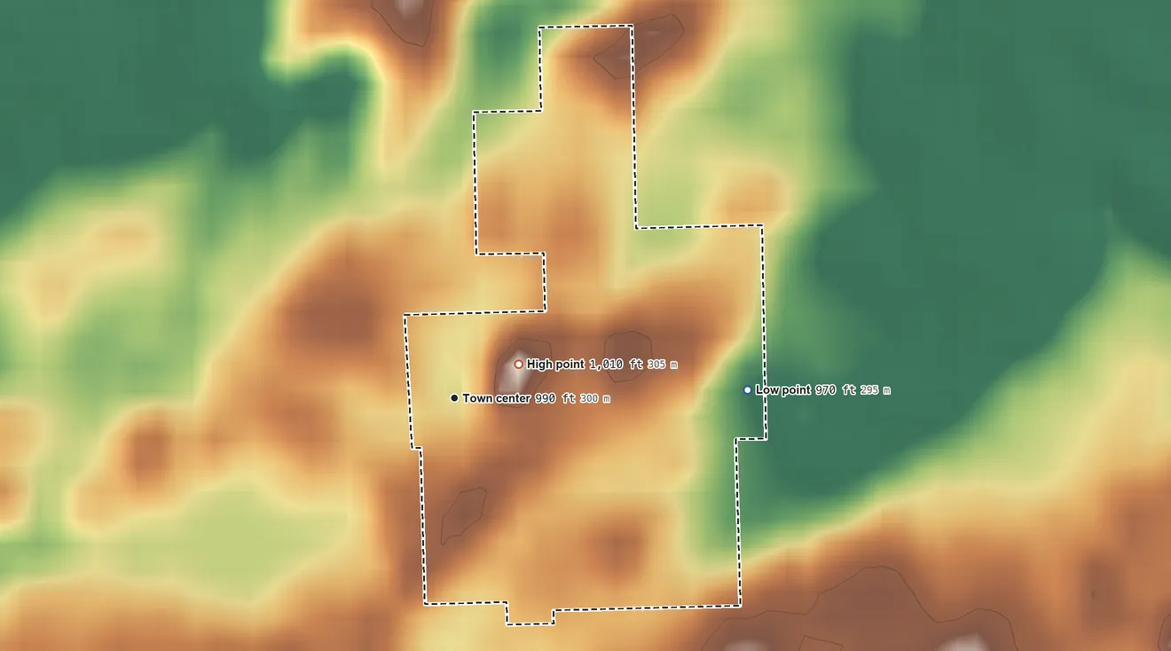 Topographic elevation map of Metz, Indiana, shaded from 970 ft on the east side to 1,010 ft on the northeast side