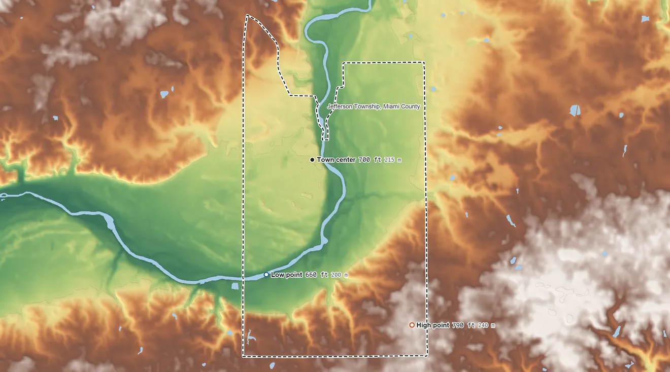 Topographic elevation map of Mexico, Indiana, shaded from 660 ft on the south side to 790 ft on the southeast side