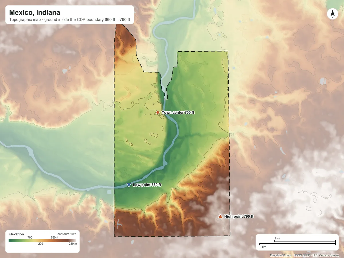 Topographic elevation map of Mexico, Indiana, shaded from 660 ft on the south side to 790 ft on the southeast side