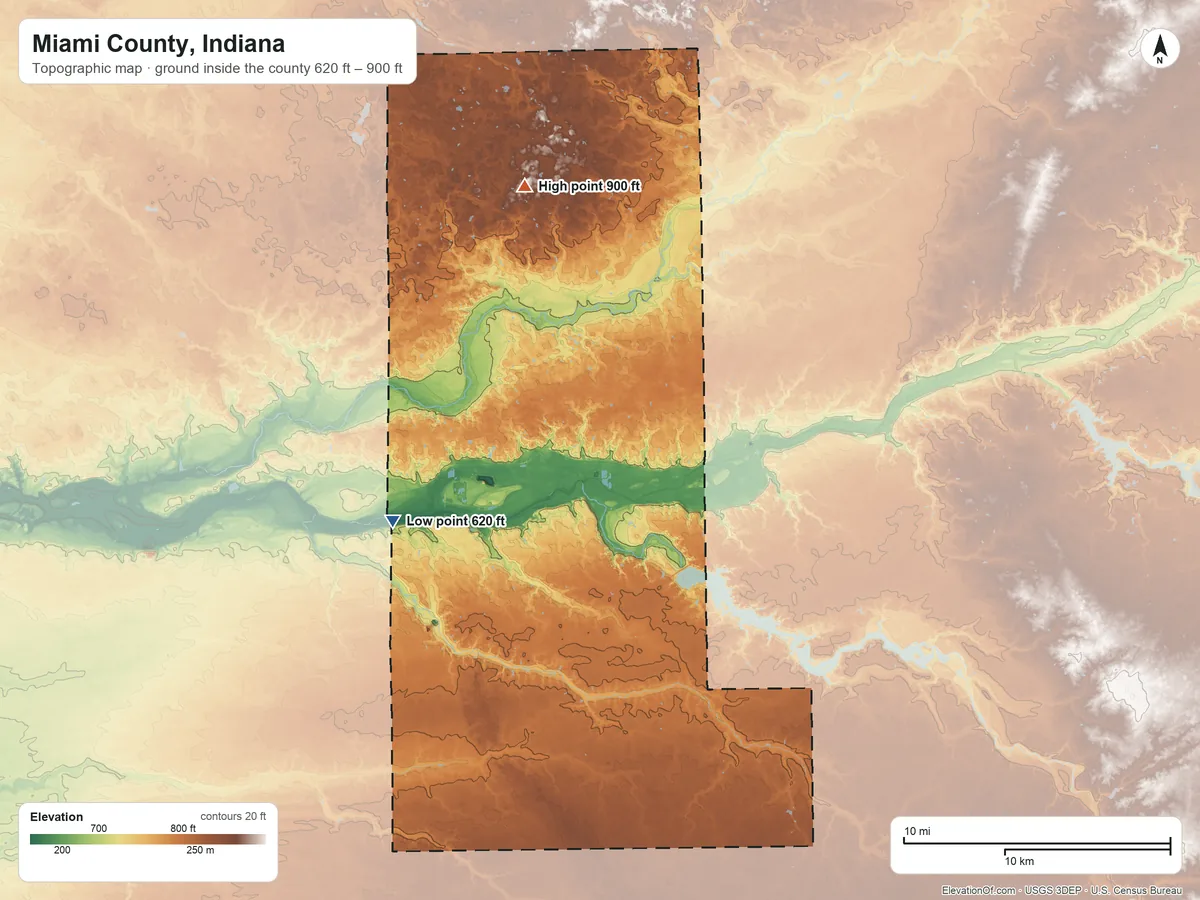 Topographic elevation map of Miami County, Indiana, shaded from 620 ft on the west side to 900 ft on the north side