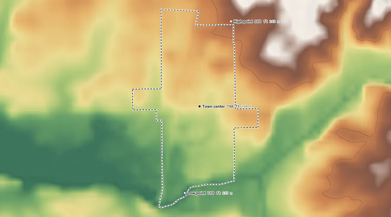 Topographic elevation map of Miami, Indiana, shaded from 780 ft on the south side to 800 ft on the north side
